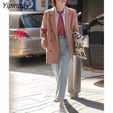 Yipinpay 2023 Autumn Korean Style Long Sleeve Pink Women Blazer Office Lady Suit Blazers Work Winter Female Loose Clothing Coat